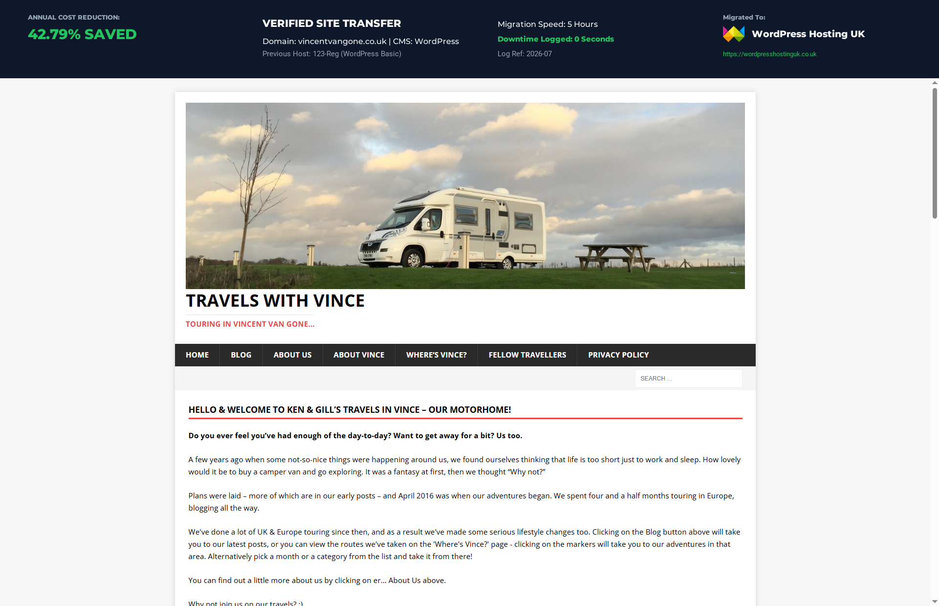Proof of cutting high renewal pricing by moving the Vincentvangone WordPress website from 123-Reg (WordPress Basic) to WordPress Hosting UK. Saving verified for business in London.