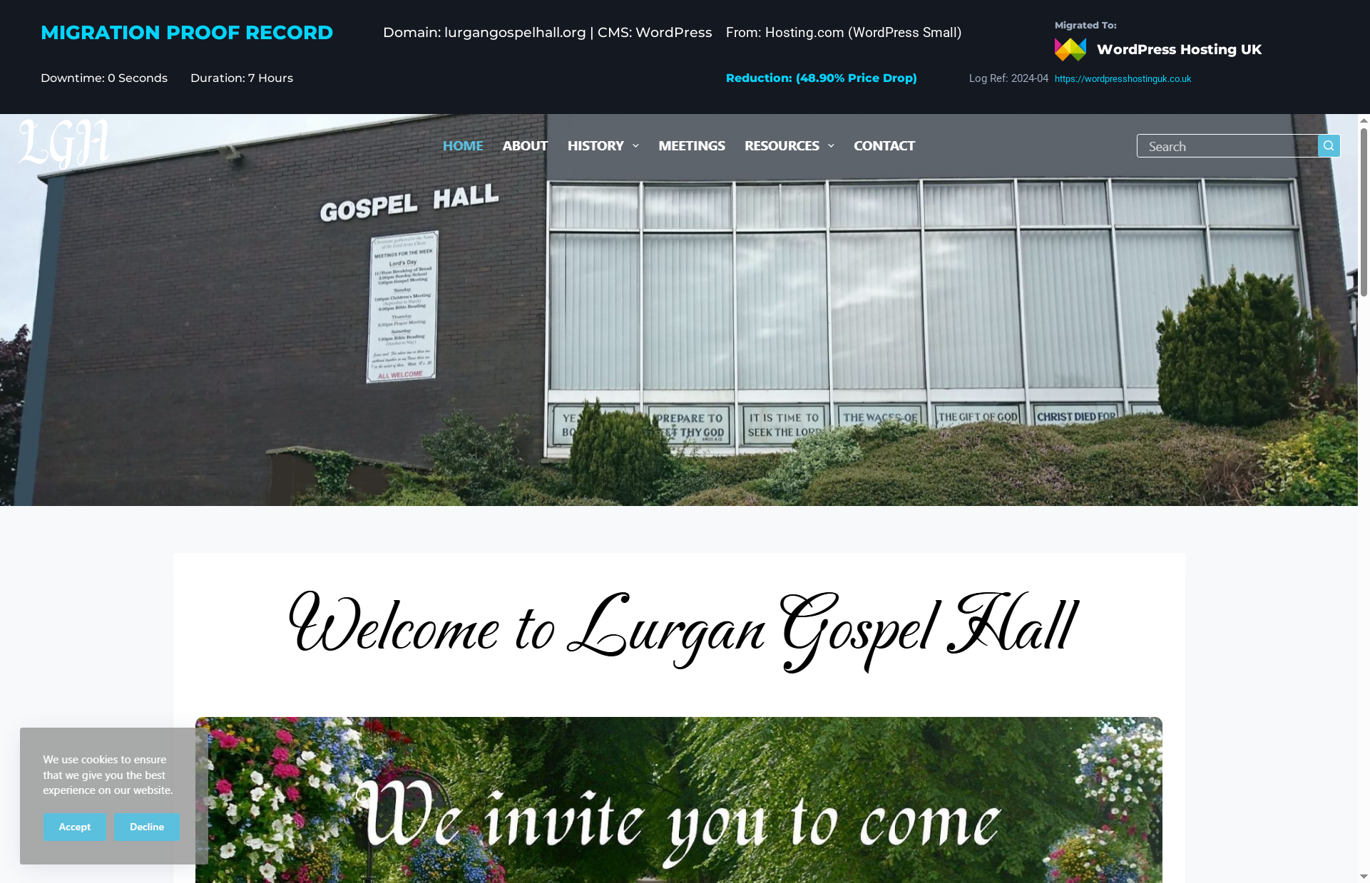 Dashboard overview showing a verified WordPress website migration for lurgangospelhall.org from Hosting.com (WordPress Small) to Managed WordPress Hosting UK with 100% PageSpeed setup.
