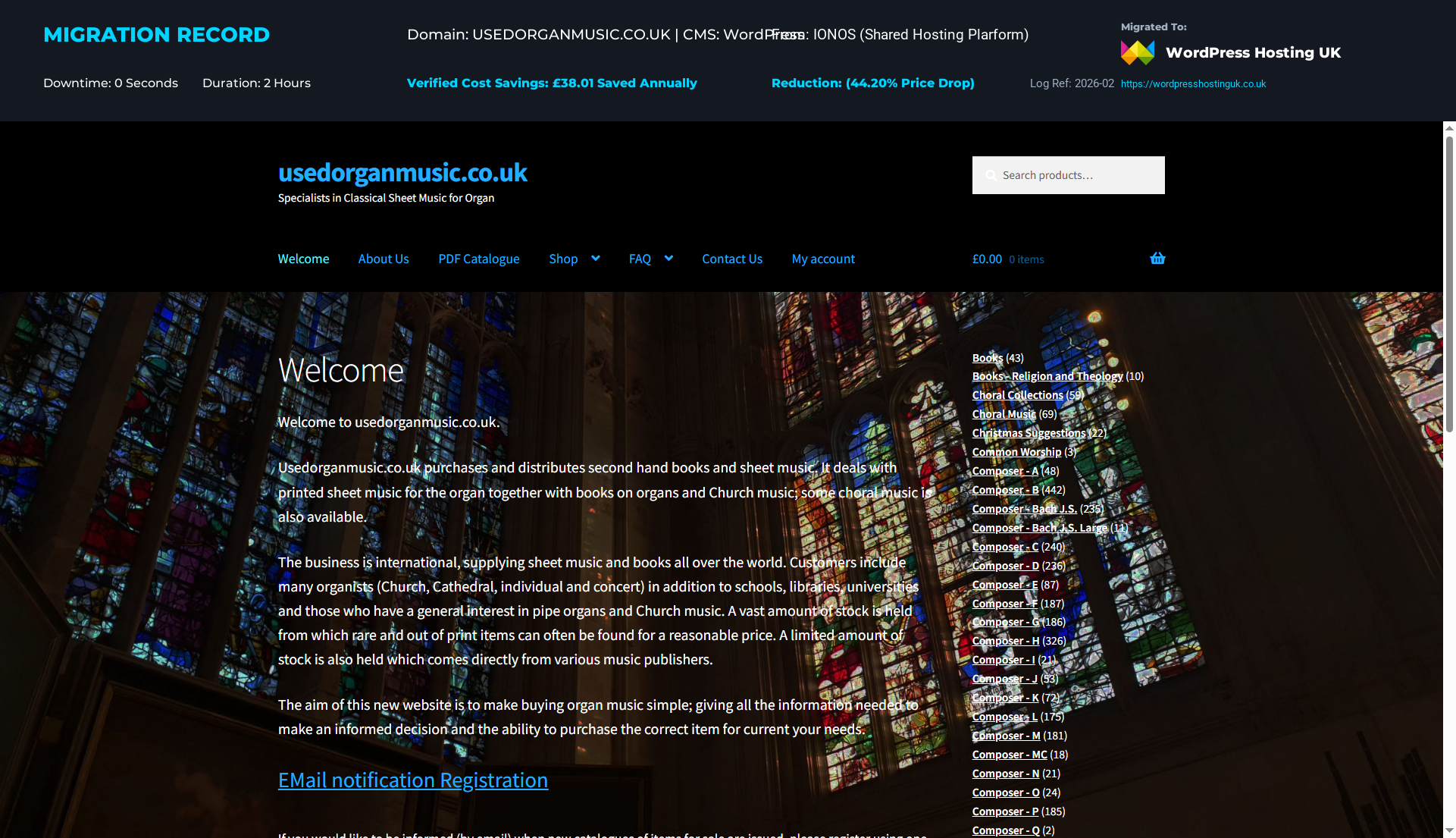 Clean data overview map displaying zero-downtime expert WordPress website migration for usedorganmusic.co.uk from IONOS (Shared Hosting Plarform) to WordPress Hosting UK.