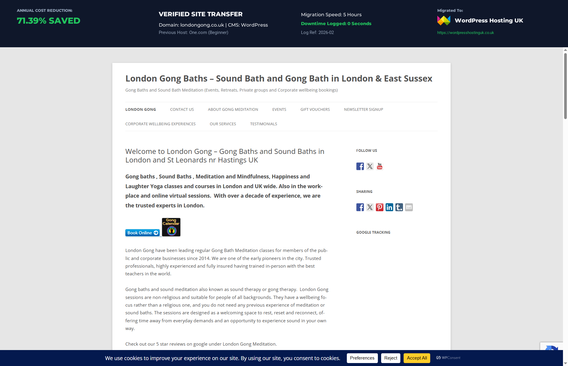 Proof of cutting high renewal pricing by moving the Londongong WordPress website from One.com (Beginner) to WordPress Hosting UK. Saving verified for business in London.