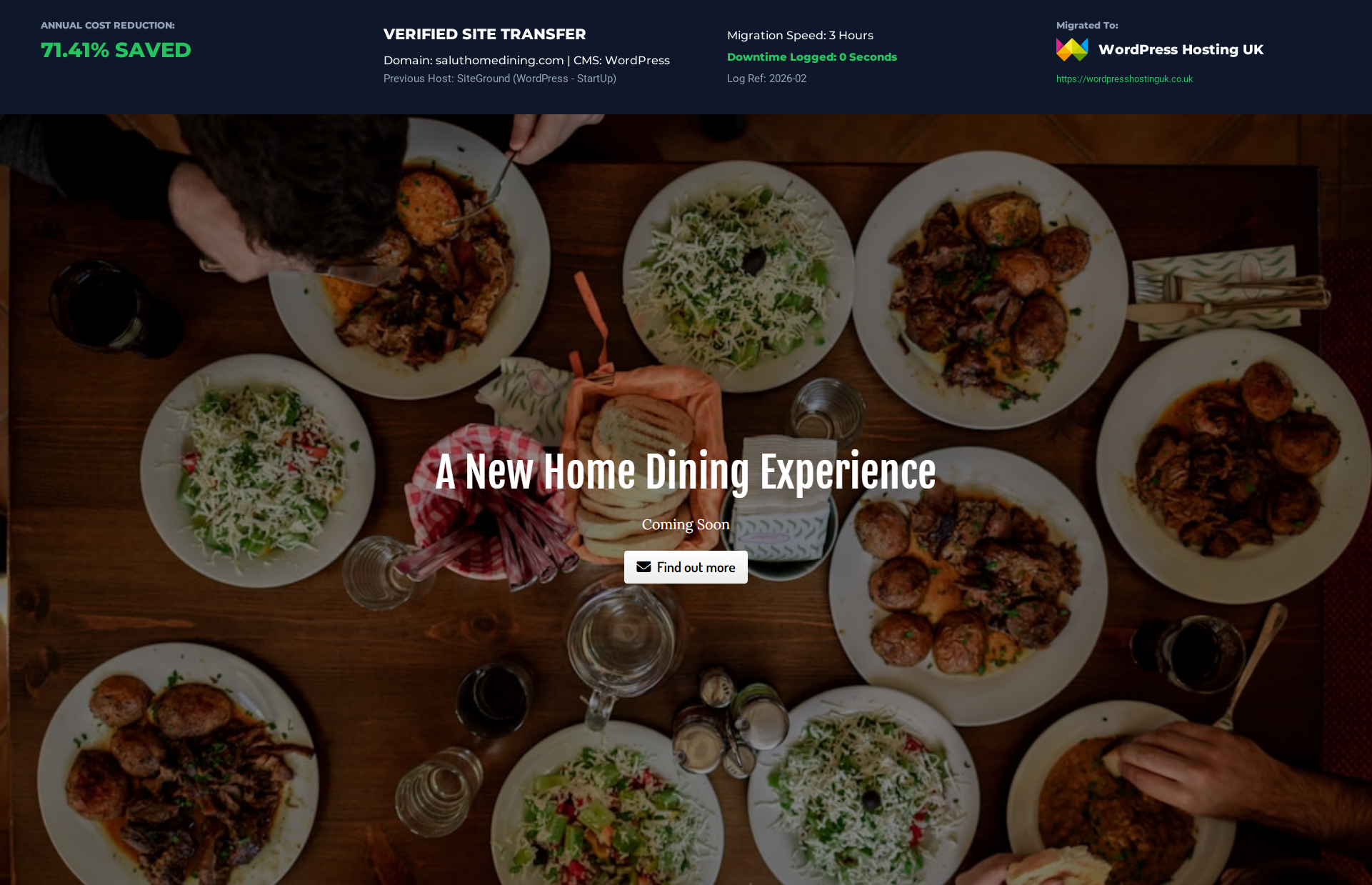 Proof of cutting high renewal pricing by moving the Saluthomedining WordPress website from SiteGround (WordPress - StartUp) to WordPress Hosting UK. Saving verified for business in London.