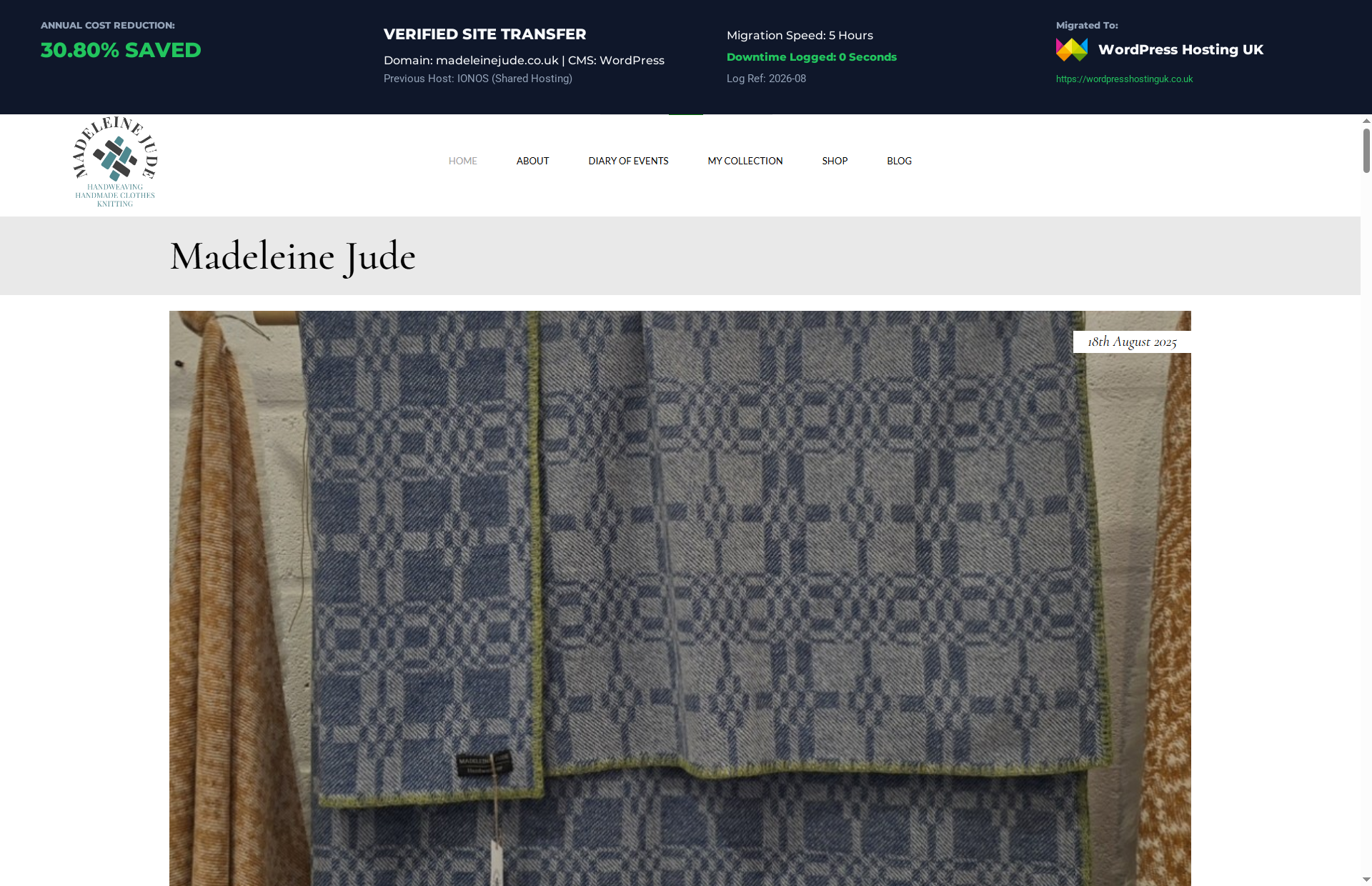 Proof of cutting high renewal pricing by moving the Madeleinejude WordPress website from IONOS (Shared Hosting) to WordPress Hosting UK. Saving verified for business in London.
