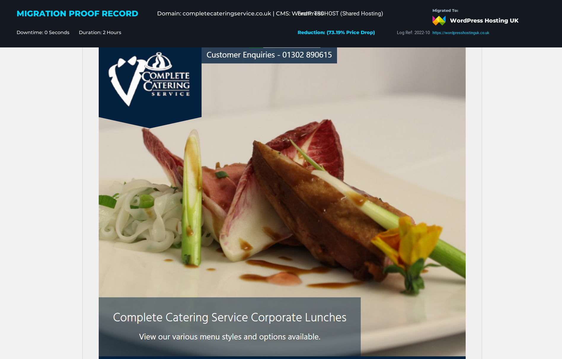 Dashboard overview showing a verified WordPress website migration for completecateringservice.co.uk from TSOHOST (Shared Hosting) to Managed WordPress Hosting UK with 100% PageSpeed setup.