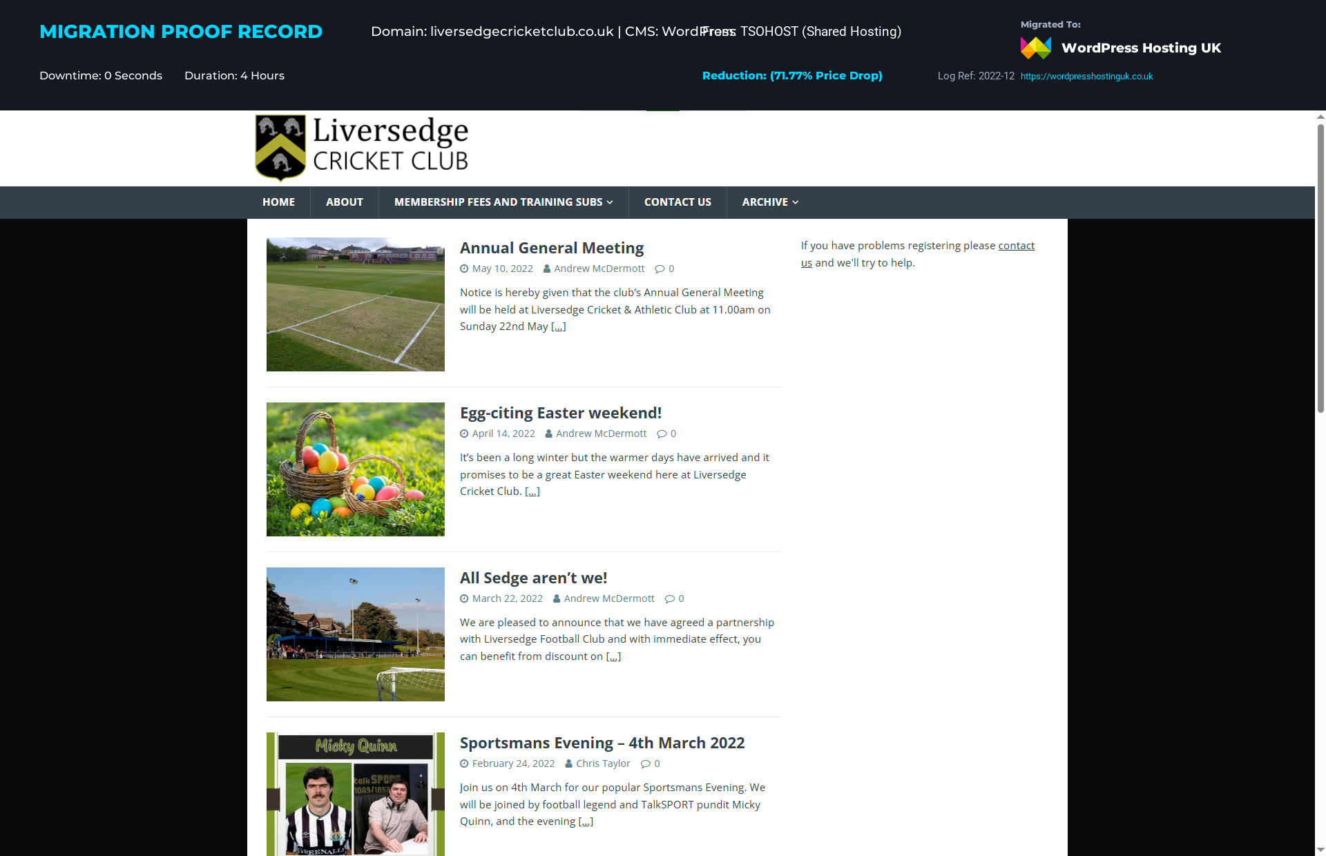 Dashboard overview showing a verified WordPress website migration for liversedgecricketclub.co.uk from TSOHOST (Shared Hosting) to Managed WordPress Hosting UK with 100% PageSpeed setup.