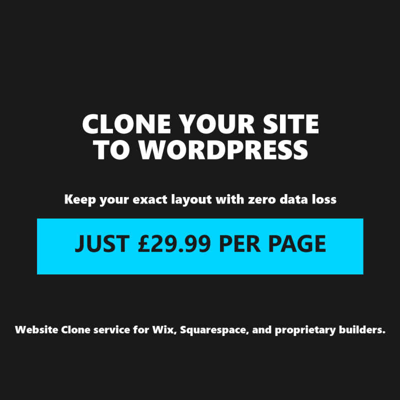 High-contrast text banner promoting a professional website cloning service to replicate layouts to WordPress look-for-look.